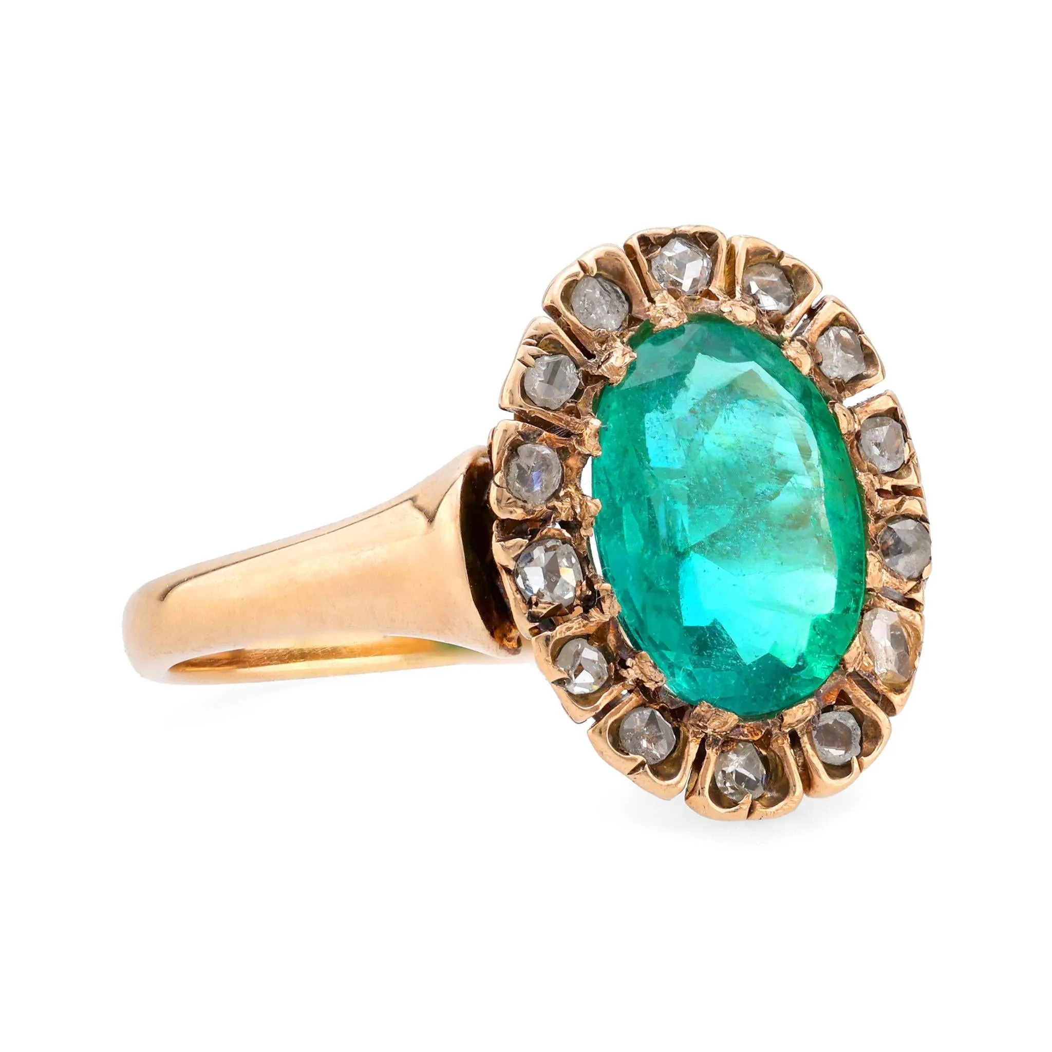 GIA 1.40 carat oval cut emerald diamond 14k yellow gold cluster ring