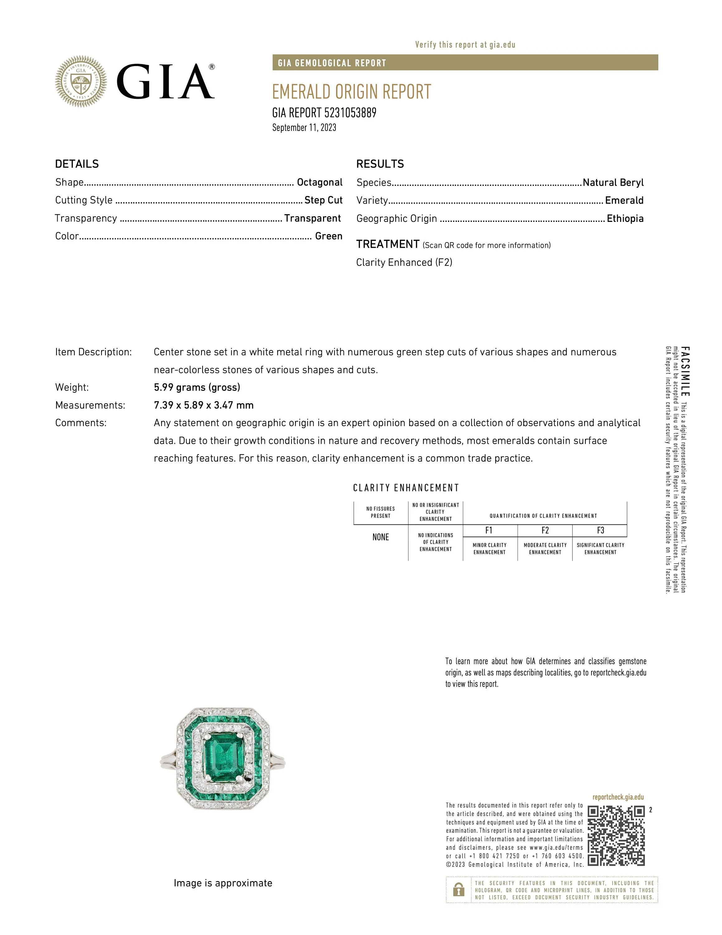 GIA Certified Emerald Cut Emerald in Platinum Art Deco Ring with Diamond and Emerald Triple Octagonal Halo