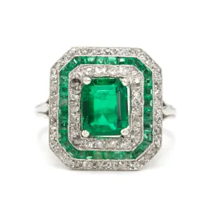 GIA Certified Emerald Cut Emerald in Platinum Art Deco Ring with Diamond and Emerald Triple Octagonal Halo