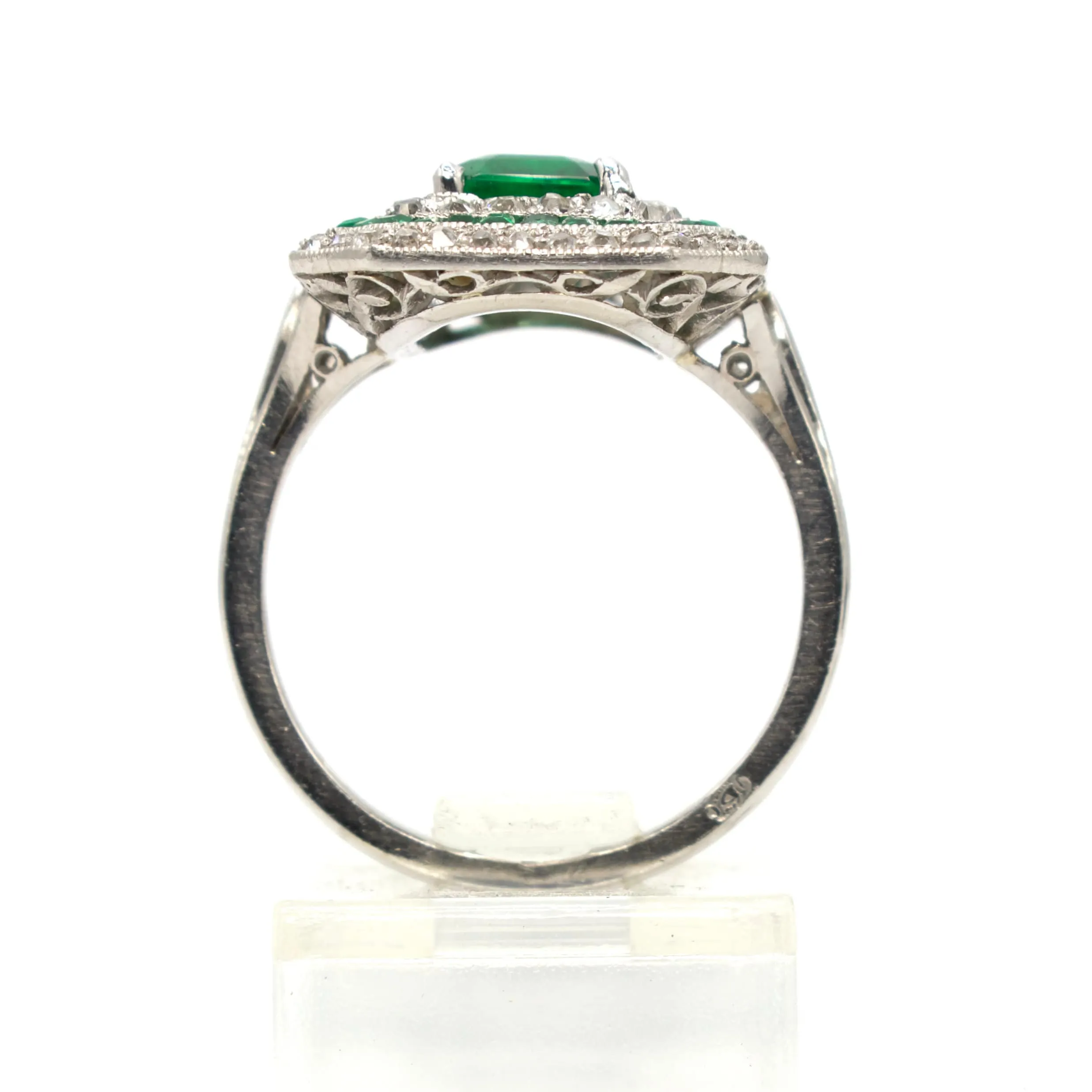 GIA Certified Emerald Cut Emerald in Platinum Art Deco Ring with Diamond and Emerald Triple Octagonal Halo