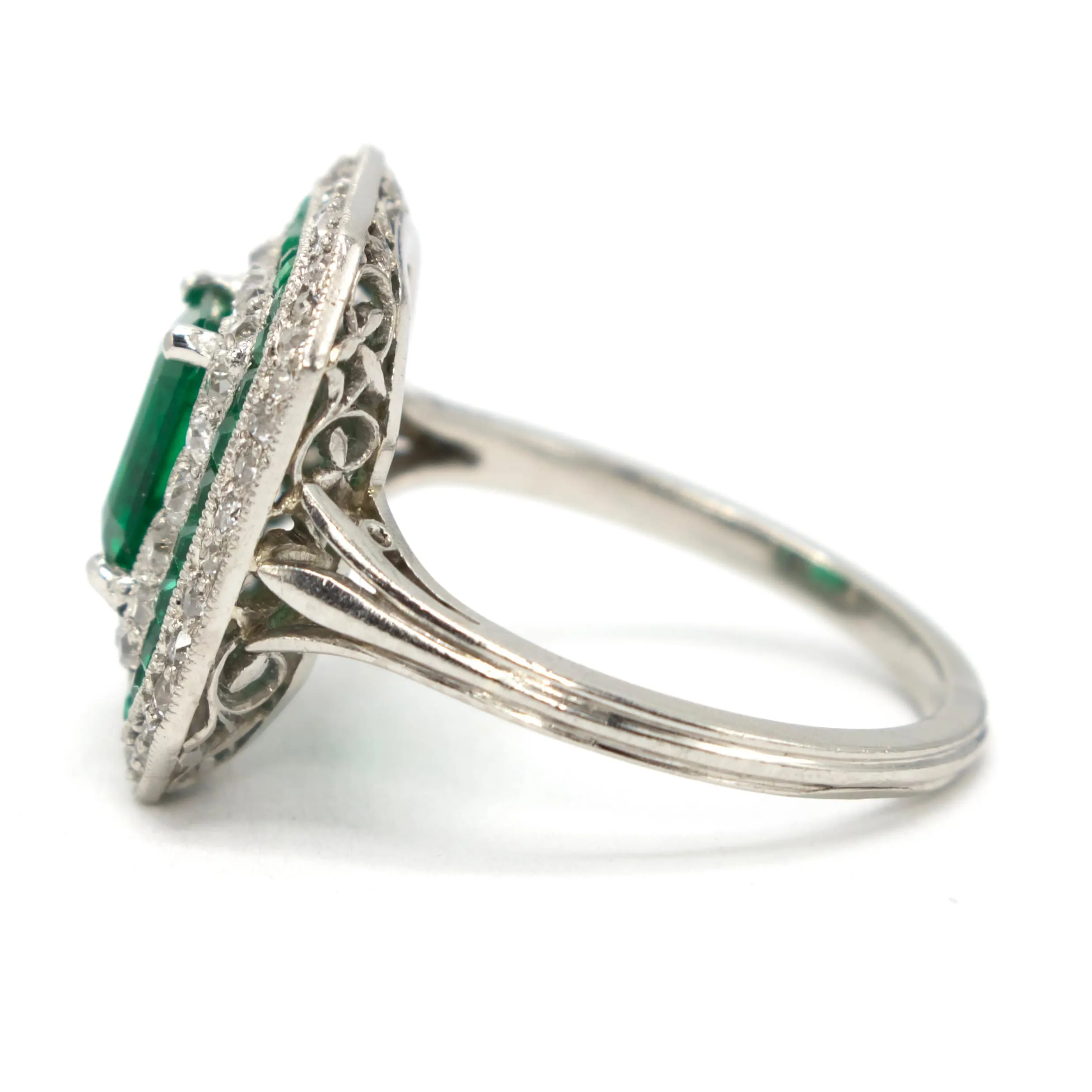 GIA Certified Emerald Cut Emerald in Platinum Art Deco Ring with Diamond and Emerald Triple Octagonal Halo