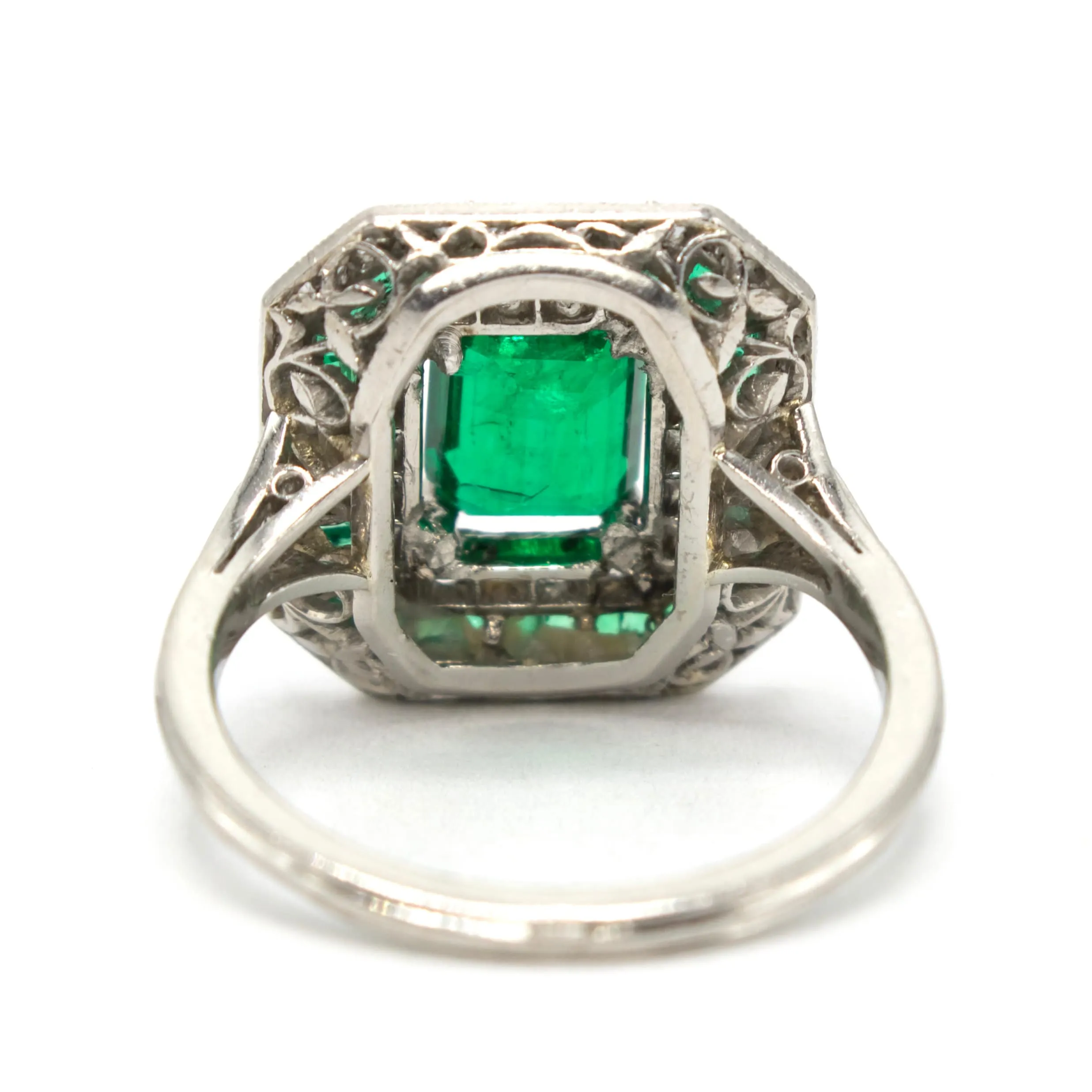 GIA Certified Emerald Cut Emerald in Platinum Art Deco Ring with Diamond and Emerald Triple Octagonal Halo