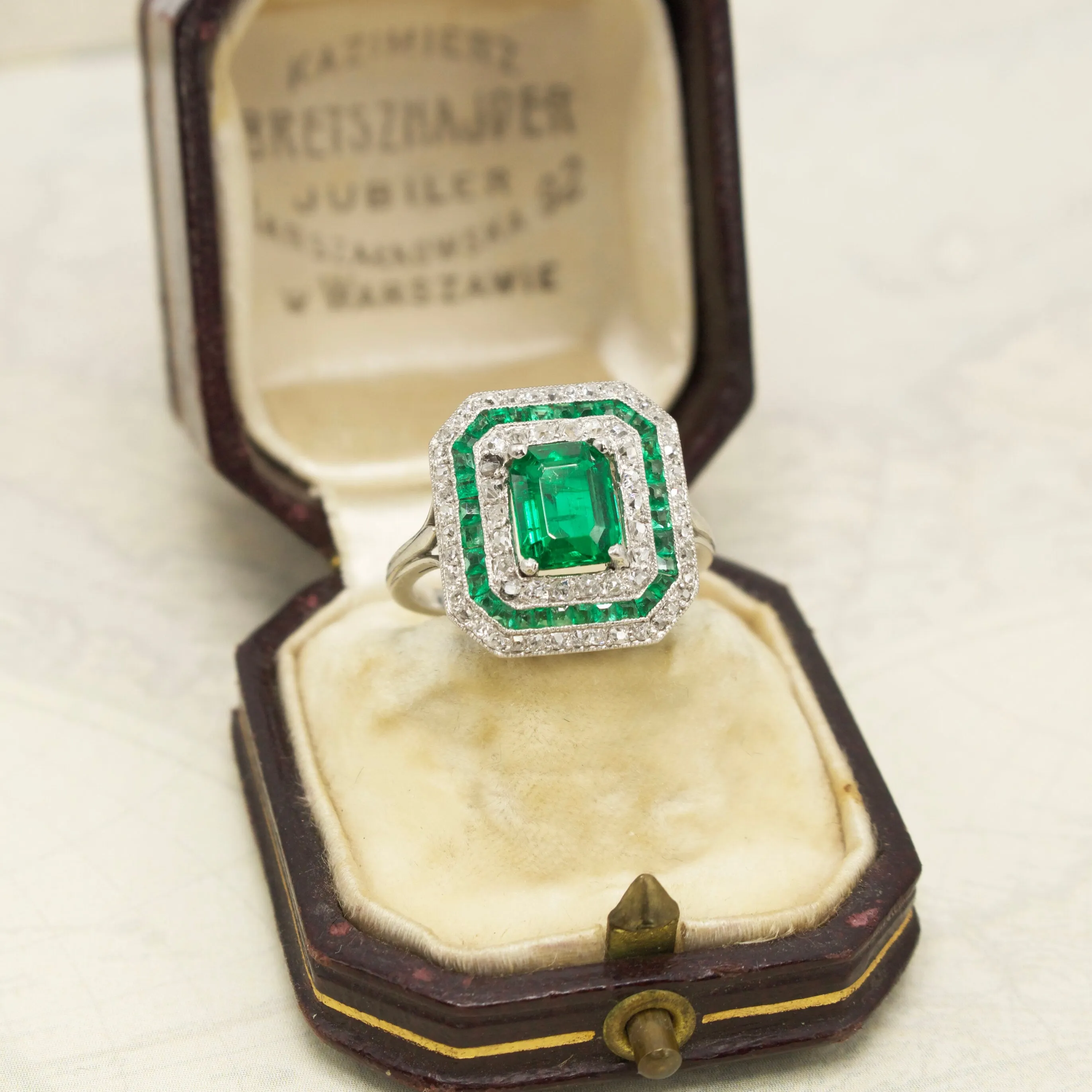 GIA Certified Emerald Cut Emerald in Platinum Art Deco Ring with Diamond and Emerald Triple Octagonal Halo