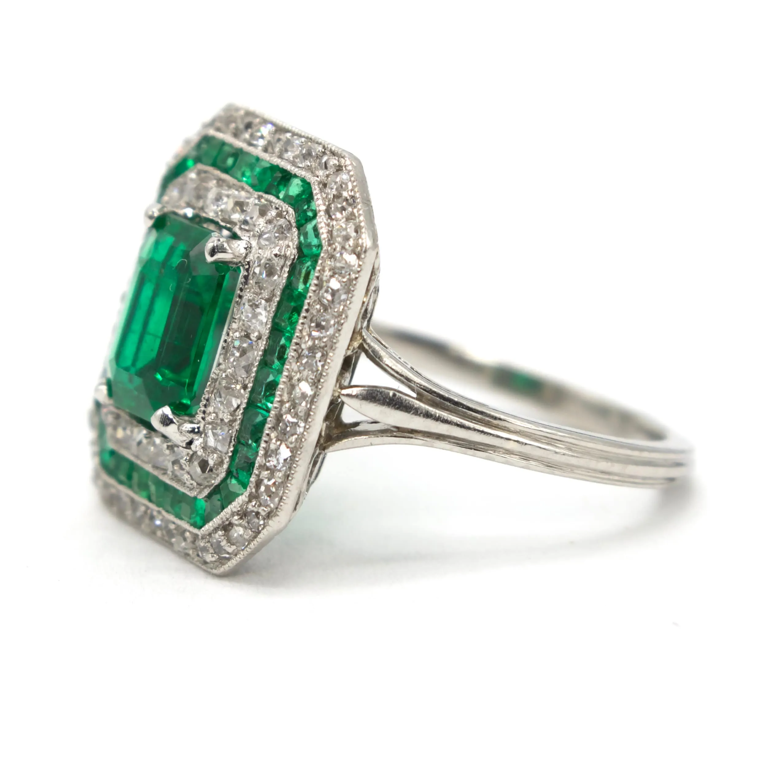 GIA Certified Emerald Cut Emerald in Platinum Art Deco Ring with Diamond and Emerald Triple Octagonal Halo