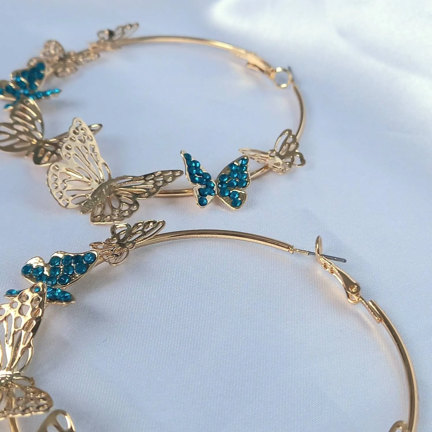 Gold & Blue Butterfly Hoop Earrings - Lightweight Hoop Earrings,Butterfly Earrings,Hoop Earrings,Cute Earrings,Gold Earrings,Gold Jewellery