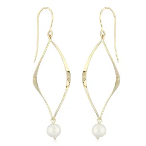 Gold Curved Rhomboid Cultured Pearl Dangle Earrings