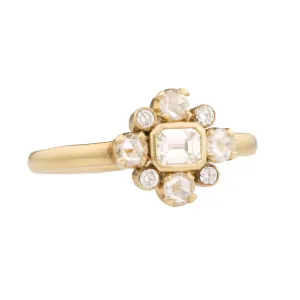 Gold, Emerald Cut Diamond, & Diamond Halo "Holbein" Ring