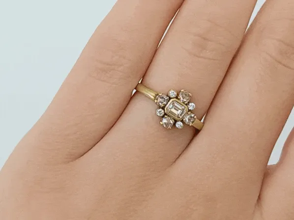 Gold, Emerald Cut Diamond, & Diamond Halo "Holbein" Ring