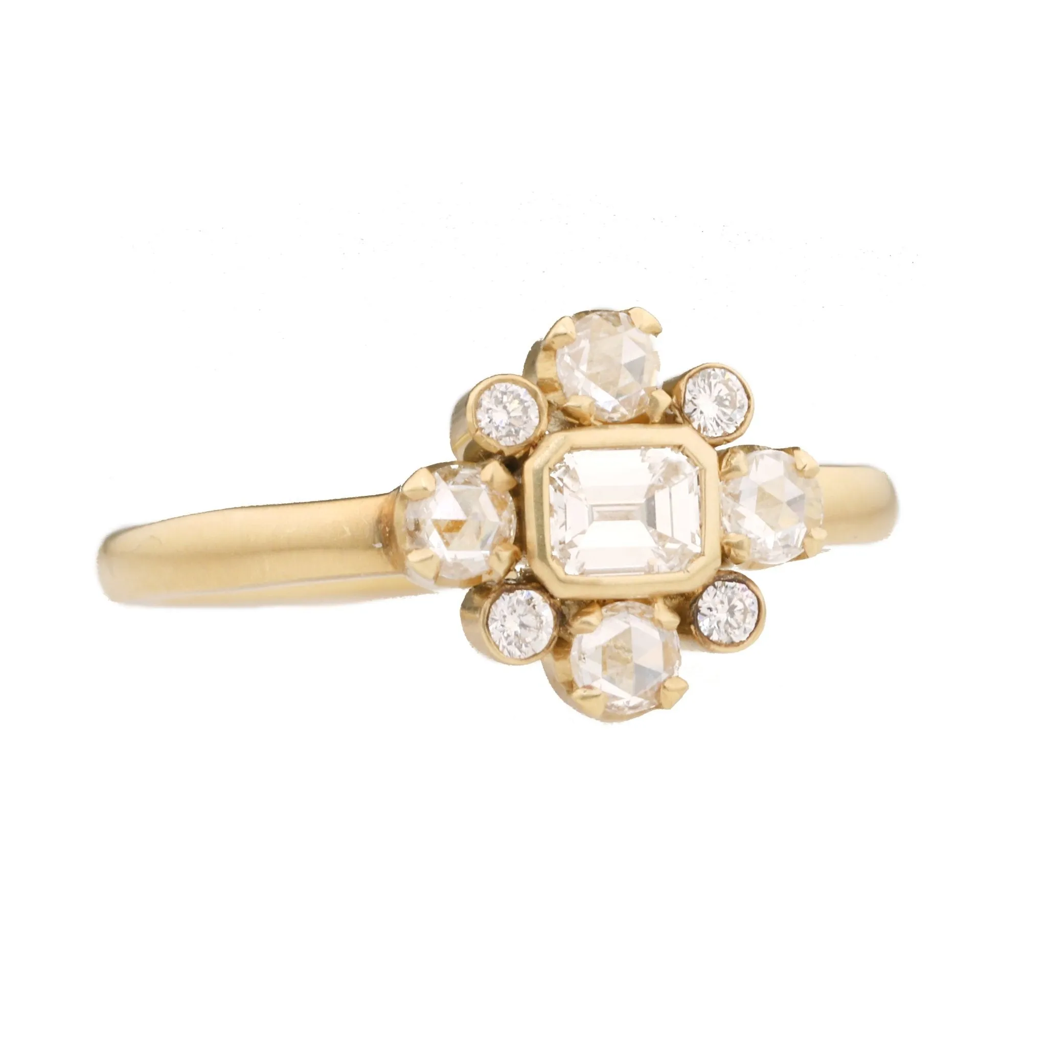 Gold, Emerald Cut Diamond, & Diamond Halo "Holbein" Ring