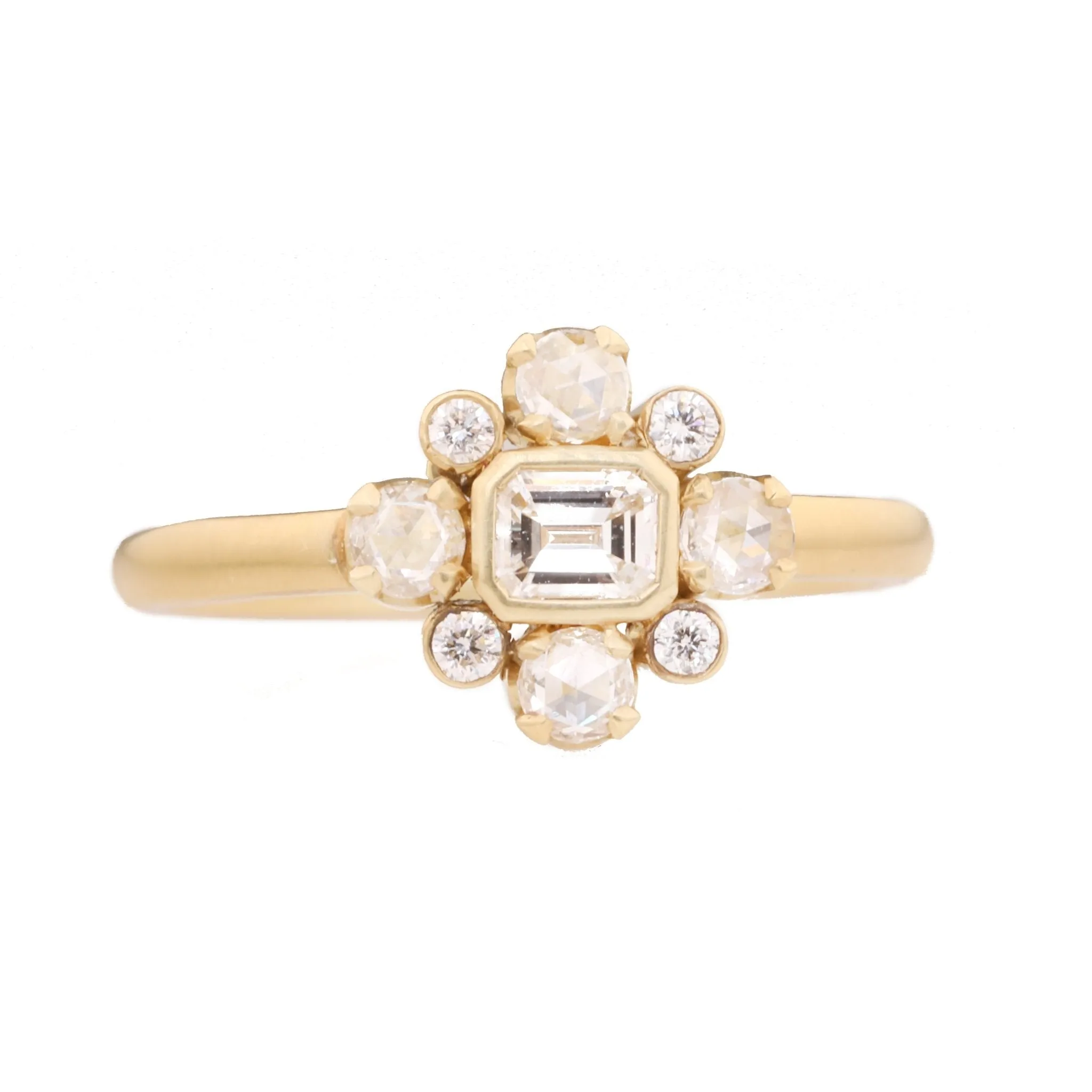 Gold, Emerald Cut Diamond, & Diamond Halo "Holbein" Ring