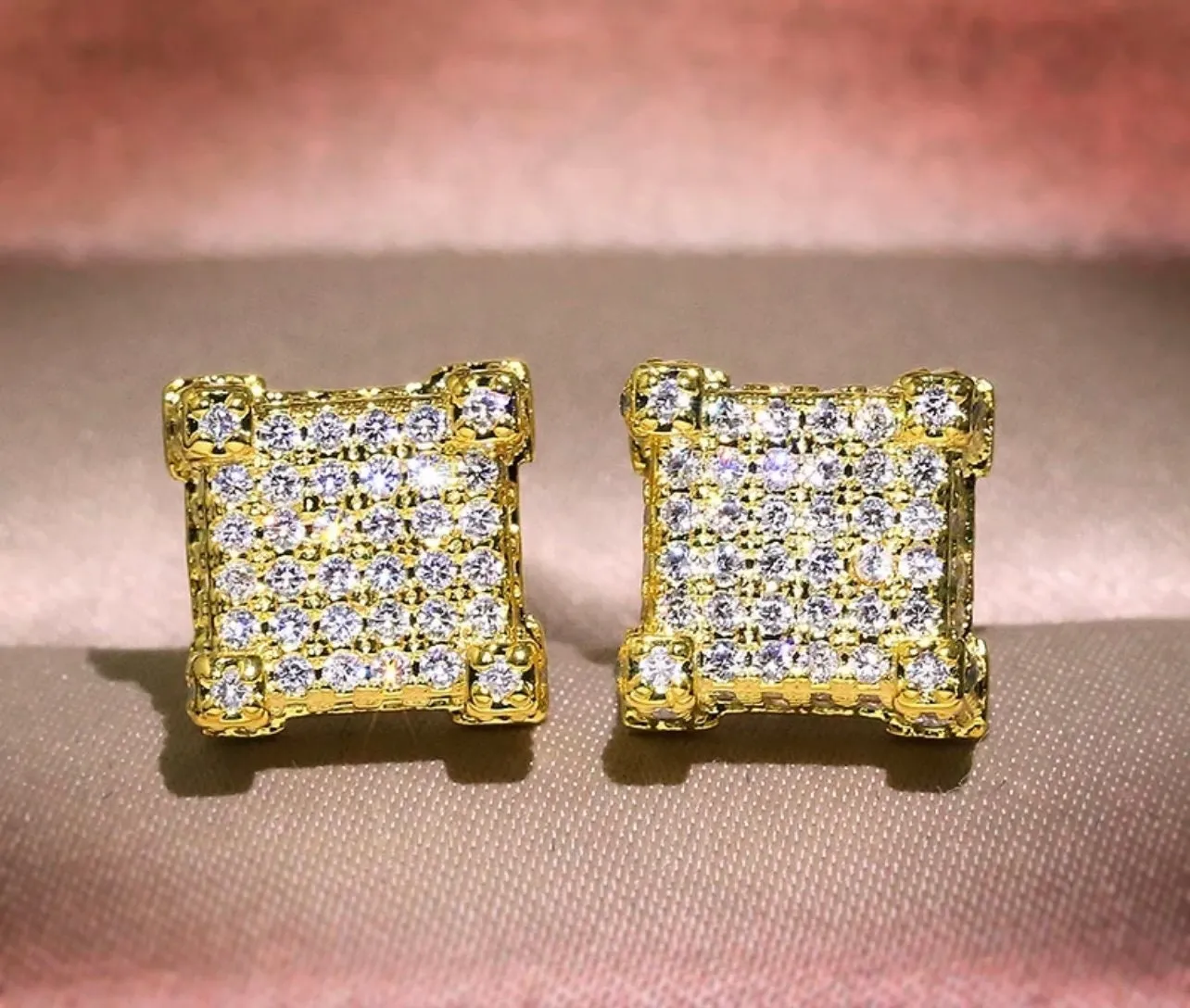 Gold Iced Out Ear Studs | Womens Gold Diamond Earrings | Mens Gold Diamond Stud Ear Studs
