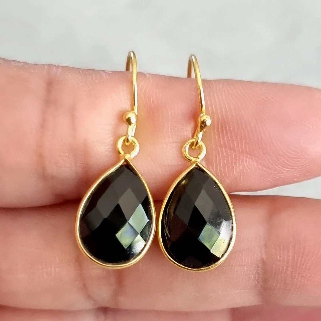 Gold Plated Briolette Teardrop Black Onyx 925 Silver Earrings, E16O