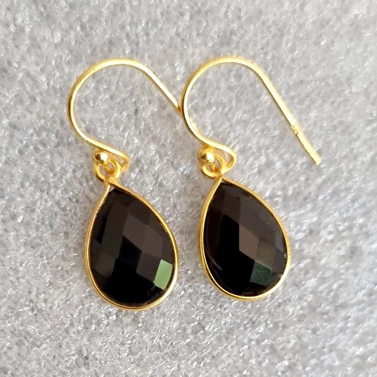 Gold Plated Briolette Teardrop Black Onyx 925 Silver Earrings, E16O