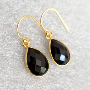 Gold Plated Briolette Teardrop Black Onyx 925 Silver Earrings, E16O