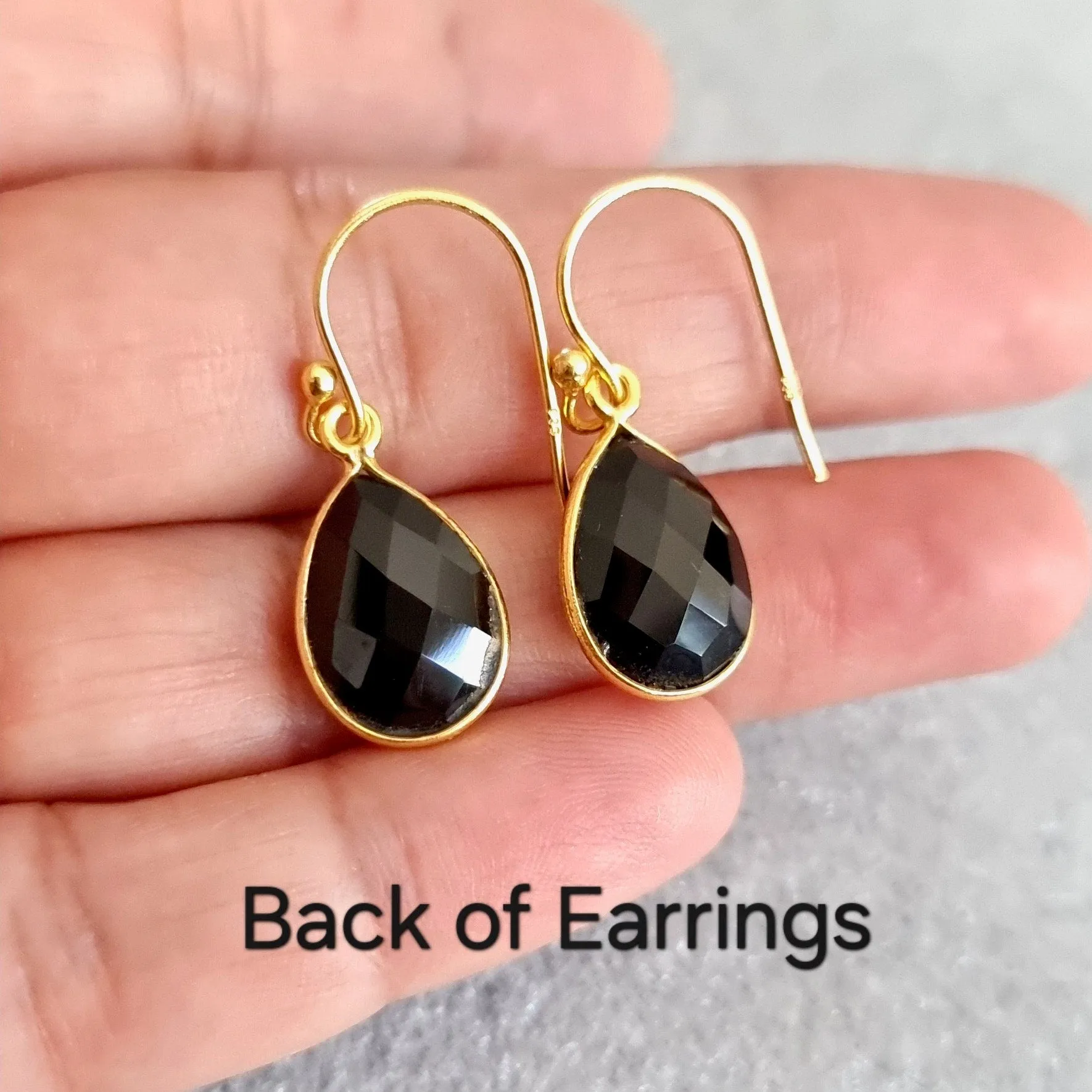 Gold Plated Briolette Teardrop Black Onyx 925 Silver Earrings, E16O