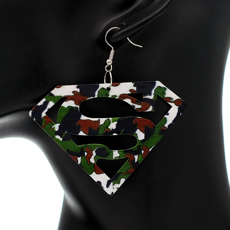 Green Camo Superman Diamond Shaped Metal Earrings