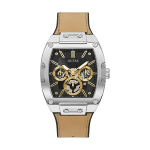 Guess Phoenix Beige Leather Strap Black Dial Quartz Watch for Gents - GW0202G3