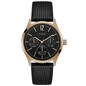 Guess Regent Black Leather Strap Black Dial Quartz Watch for Gents - W1041G3