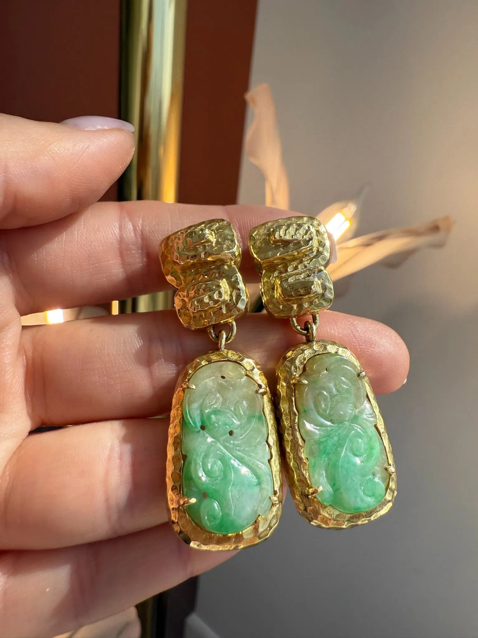 Hammered Gold Jade Earrings, 18k