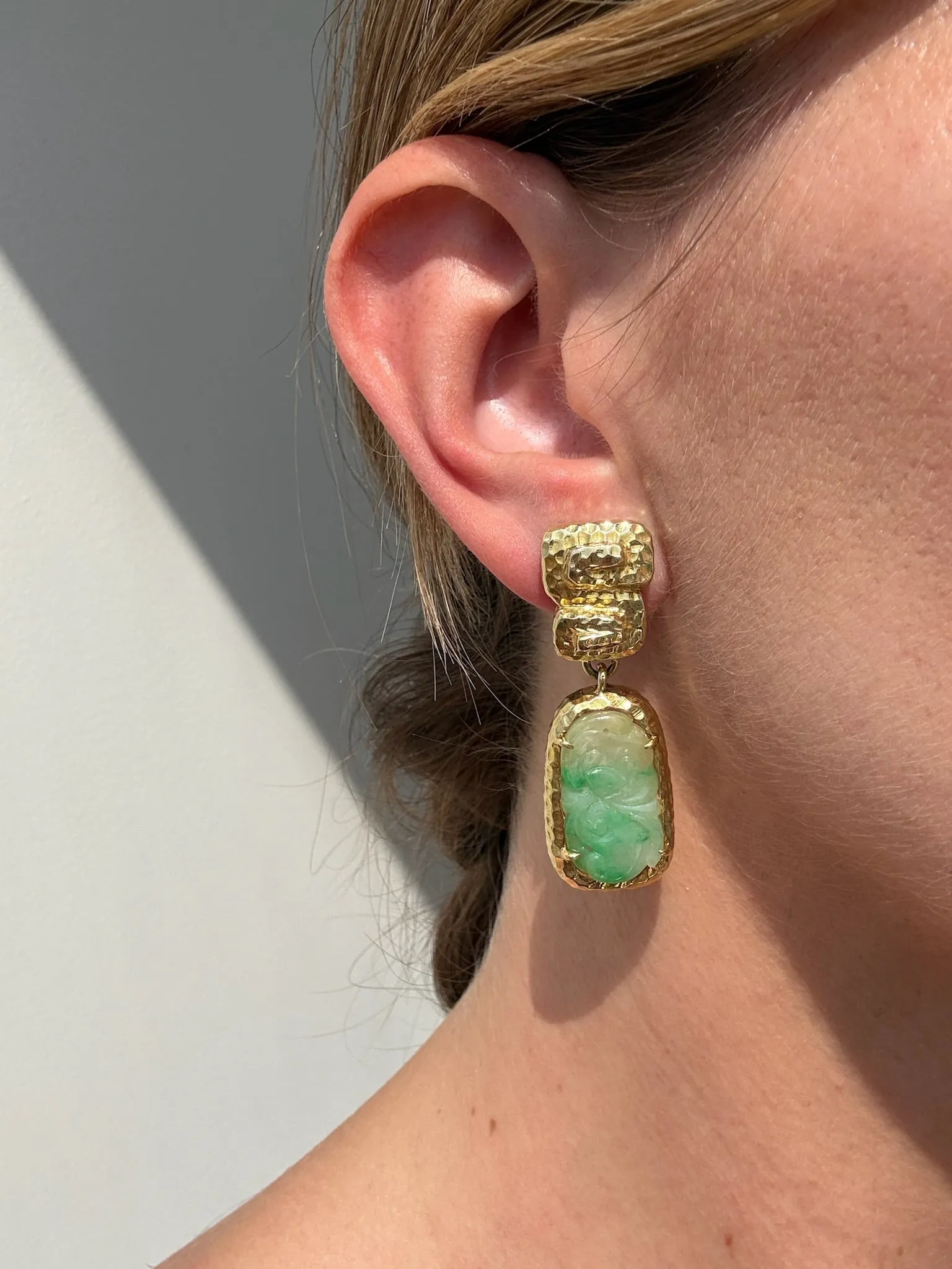 Hammered Gold Jade Earrings, 18k
