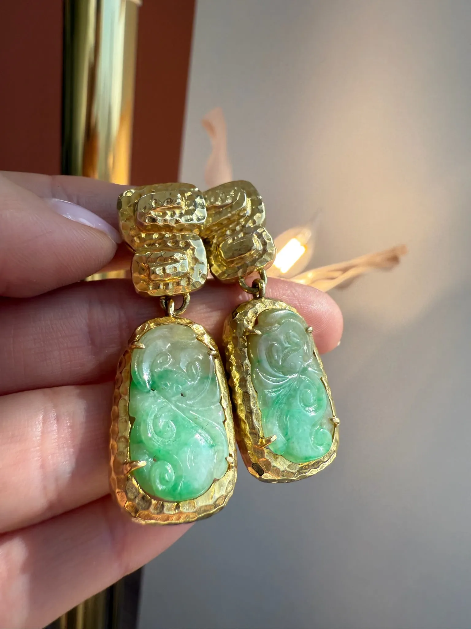 Hammered Gold Jade Earrings, 18k