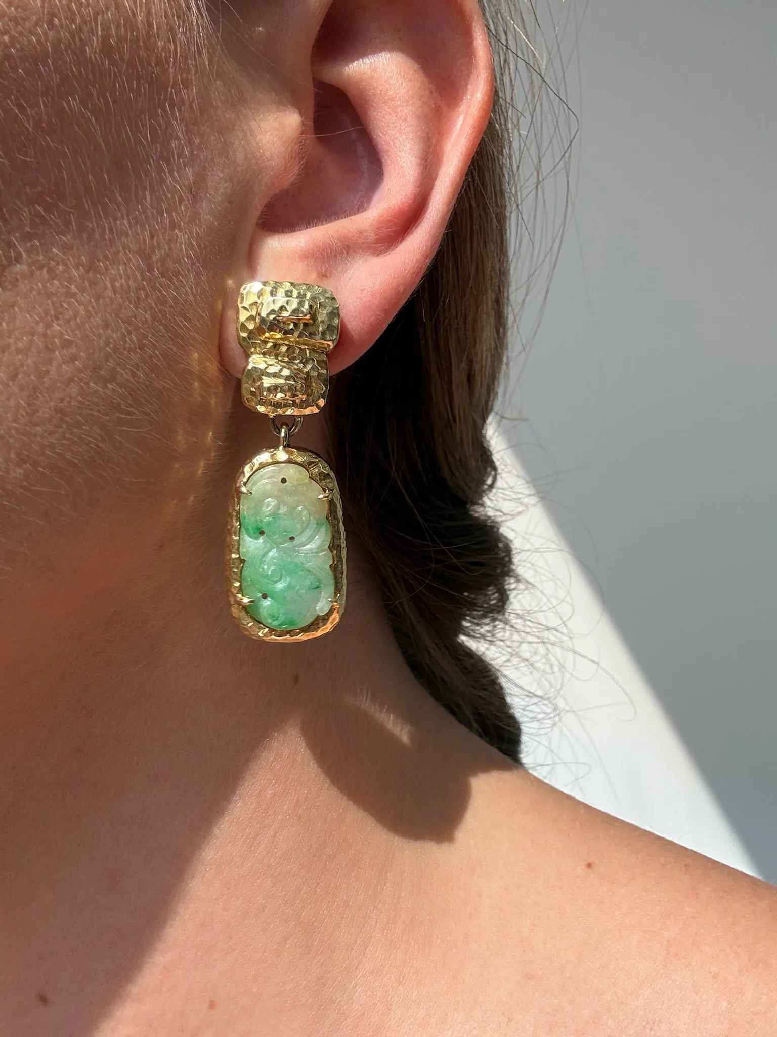 Hammered Gold Jade Earrings, 18k