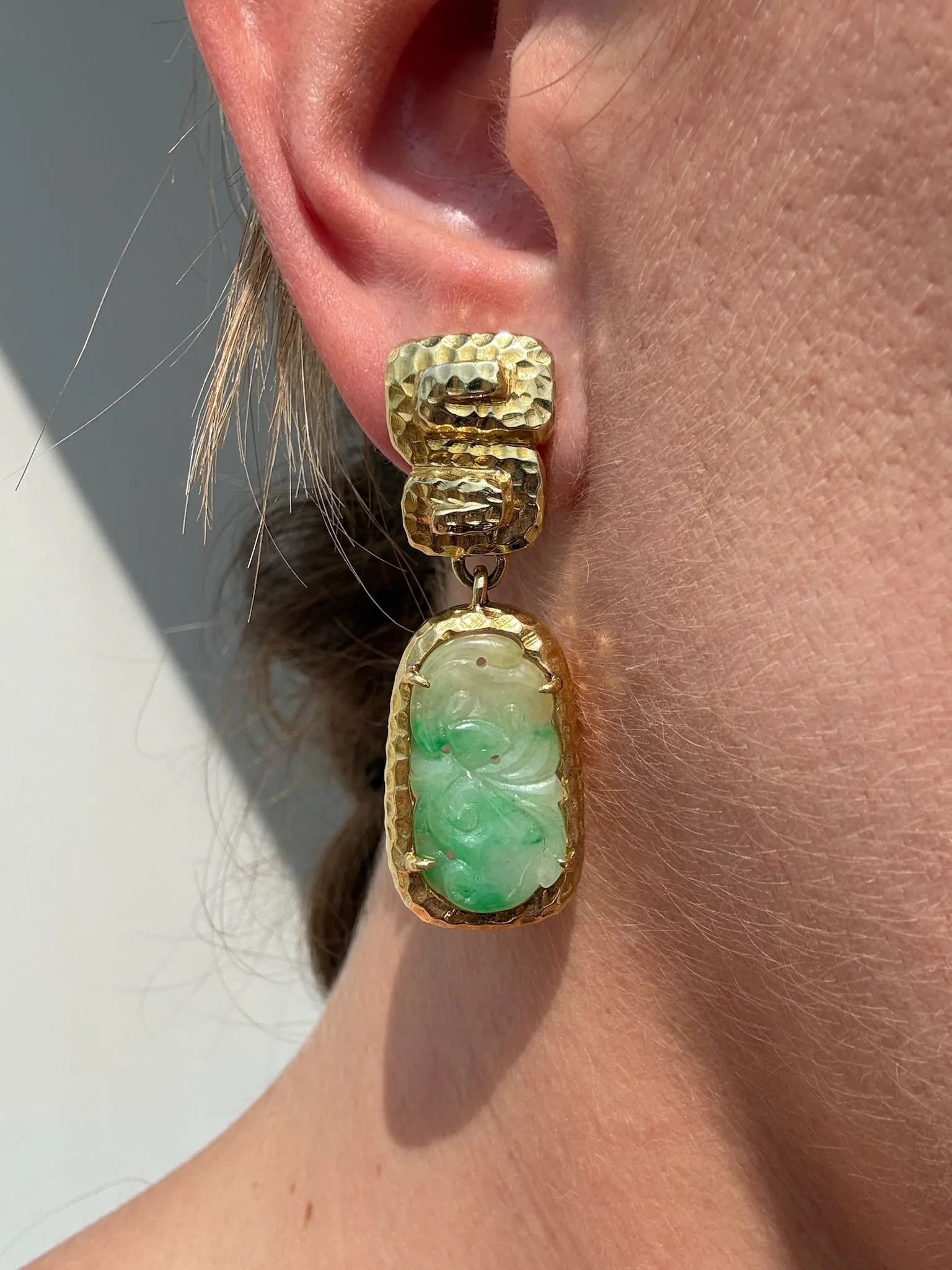 Hammered Gold Jade Earrings, 18k