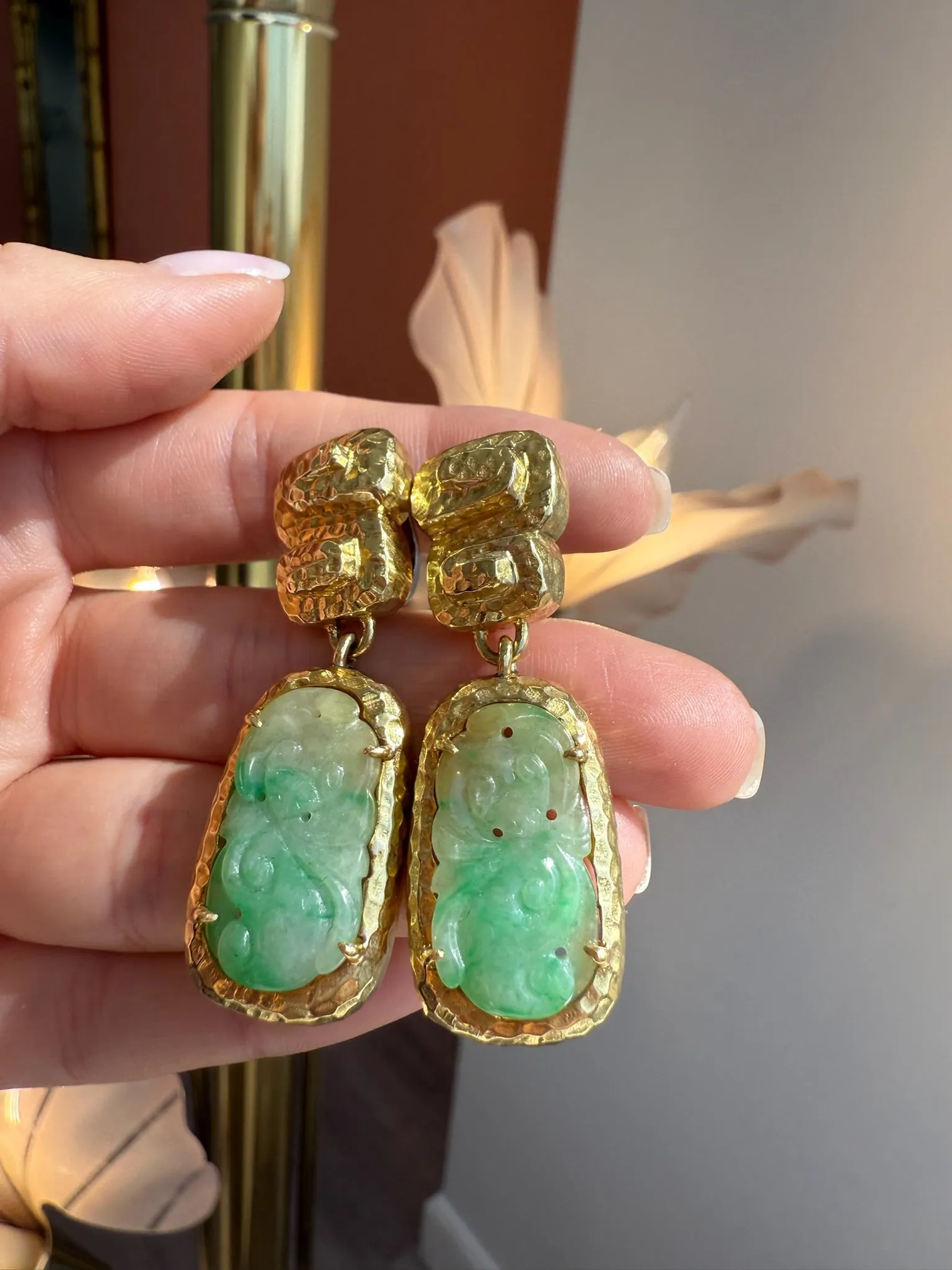 Hammered Gold Jade Earrings, 18k