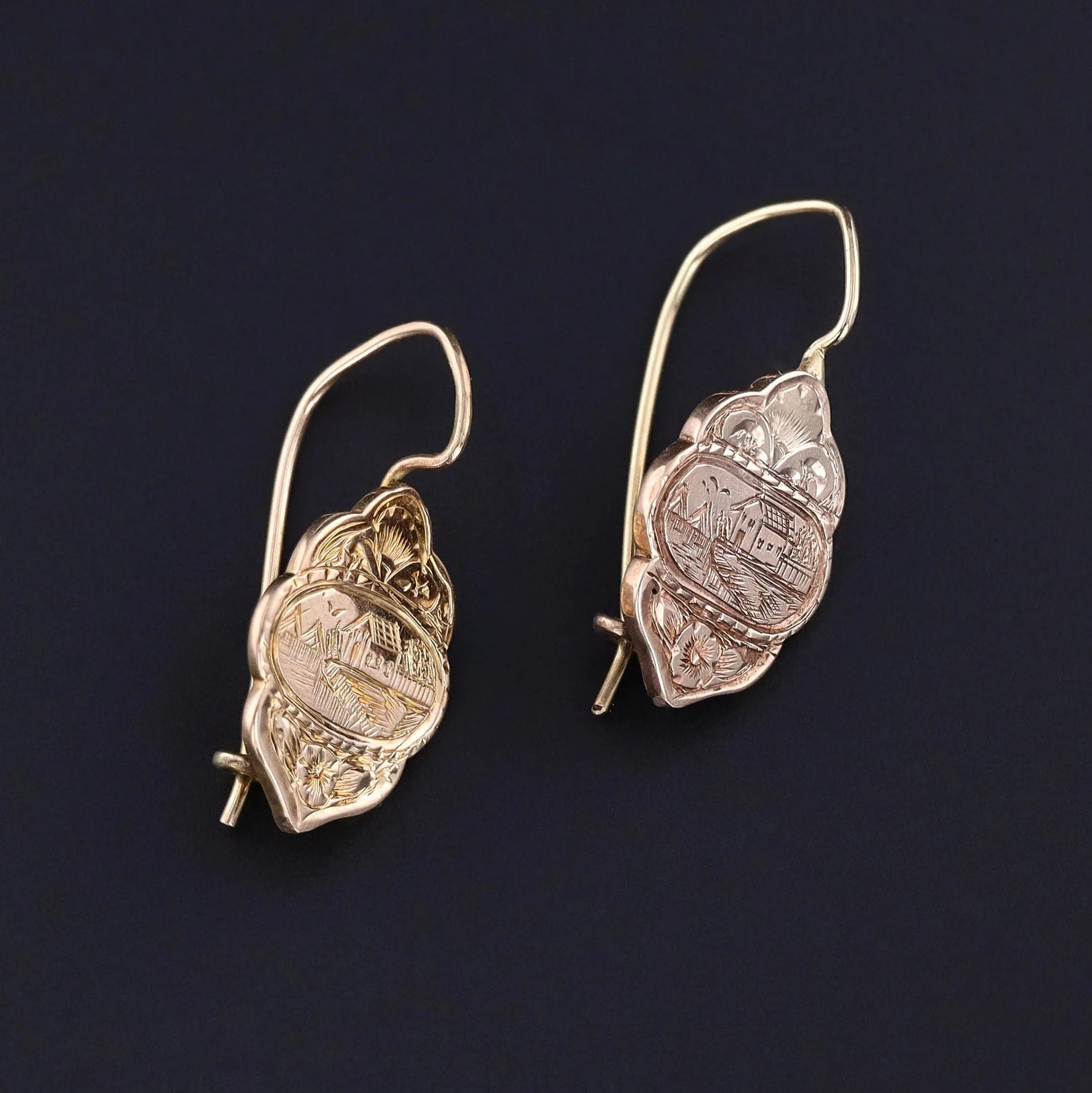 Hand Etched Victorian Earrings of 14k Gold