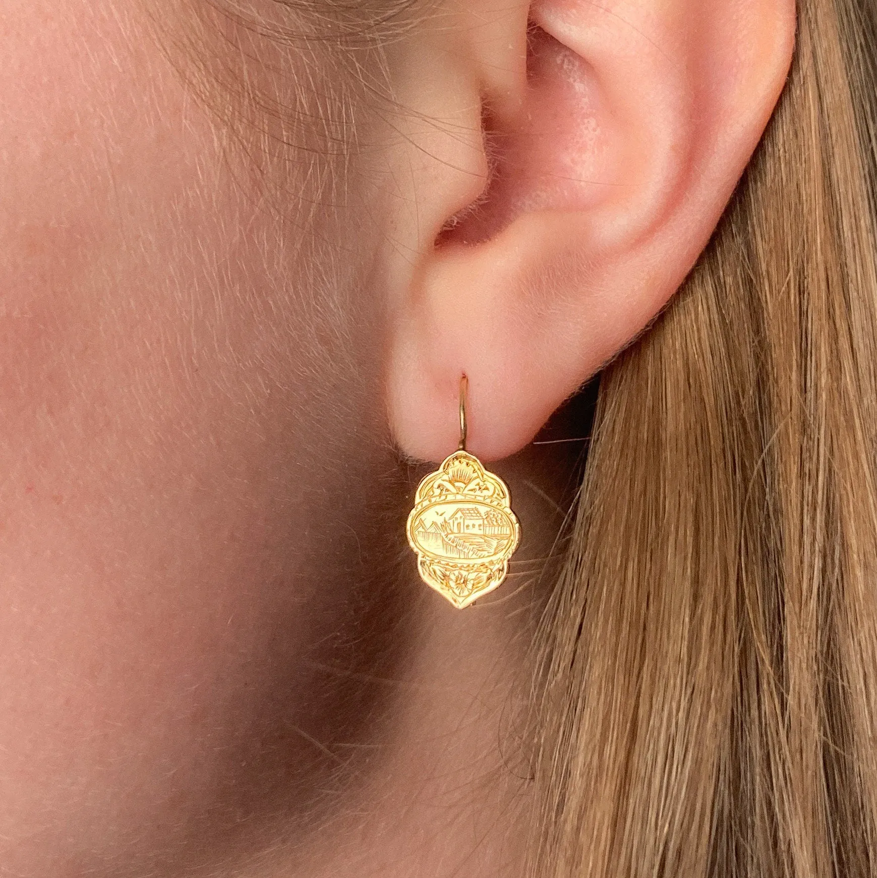Hand Etched Victorian Earrings of 14k Gold