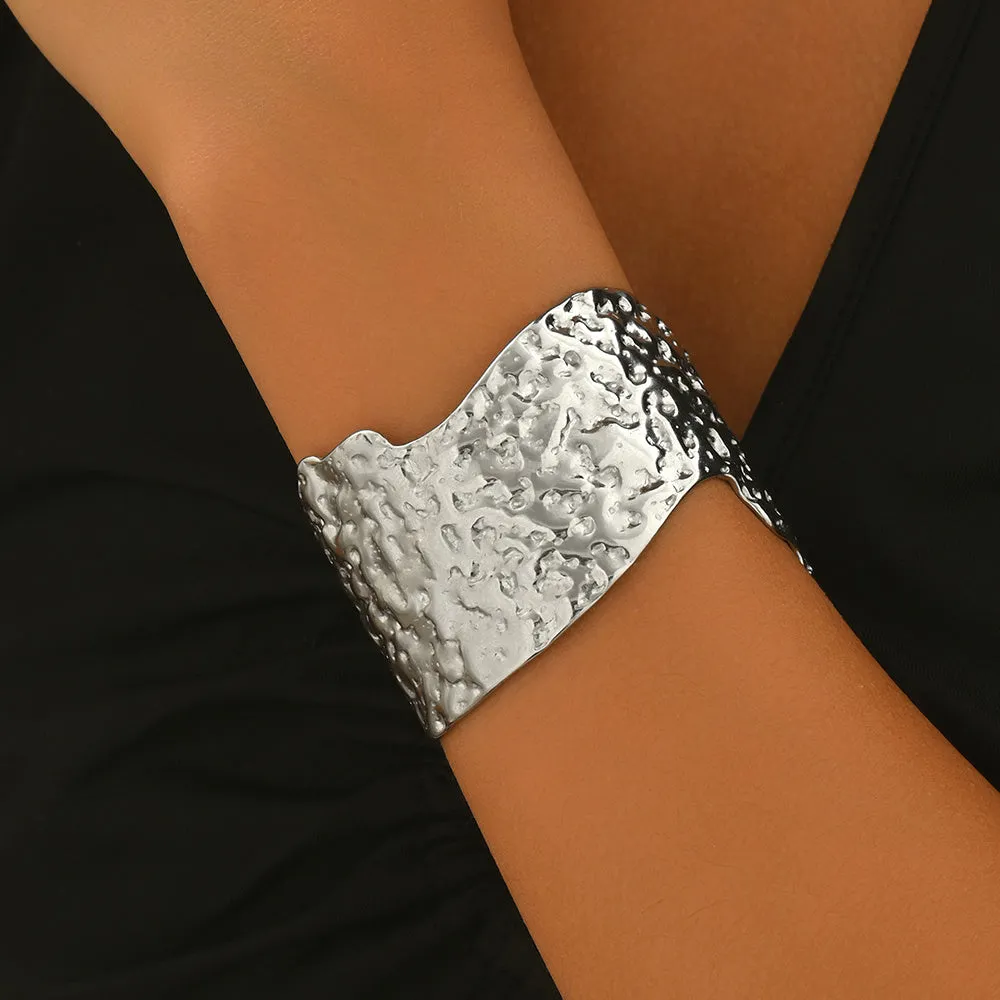 Handmade Hammered Stainless Steel Cuff Bracelet with Platinum Plating