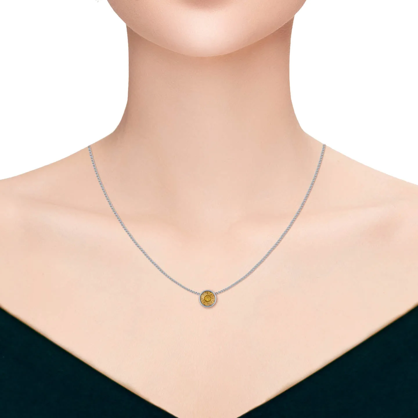 Harley Small Pendant Necklace with Yellow Brown Light Topaz Round Crystals from Swarovski Silver Toned Rhodium Plated