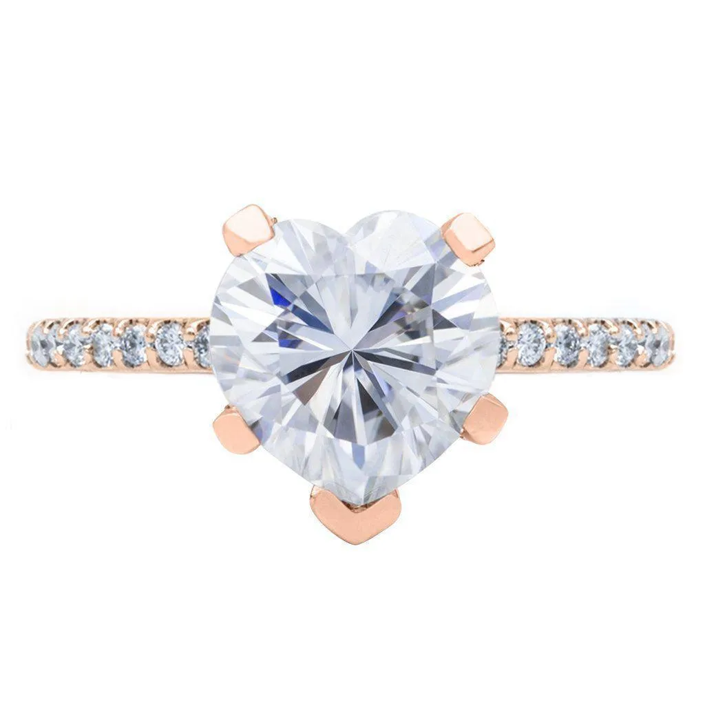 Heart Moissanite 5 Prongs Diamond Accent Ice Cathedral Solitaire Ring