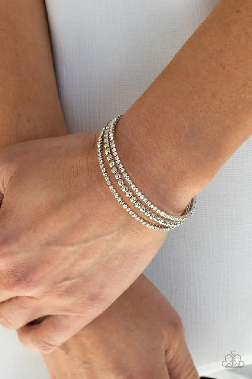 High-End Eye Candy - White - Rhinestone Paparazzi Flex Cuff Bracelet