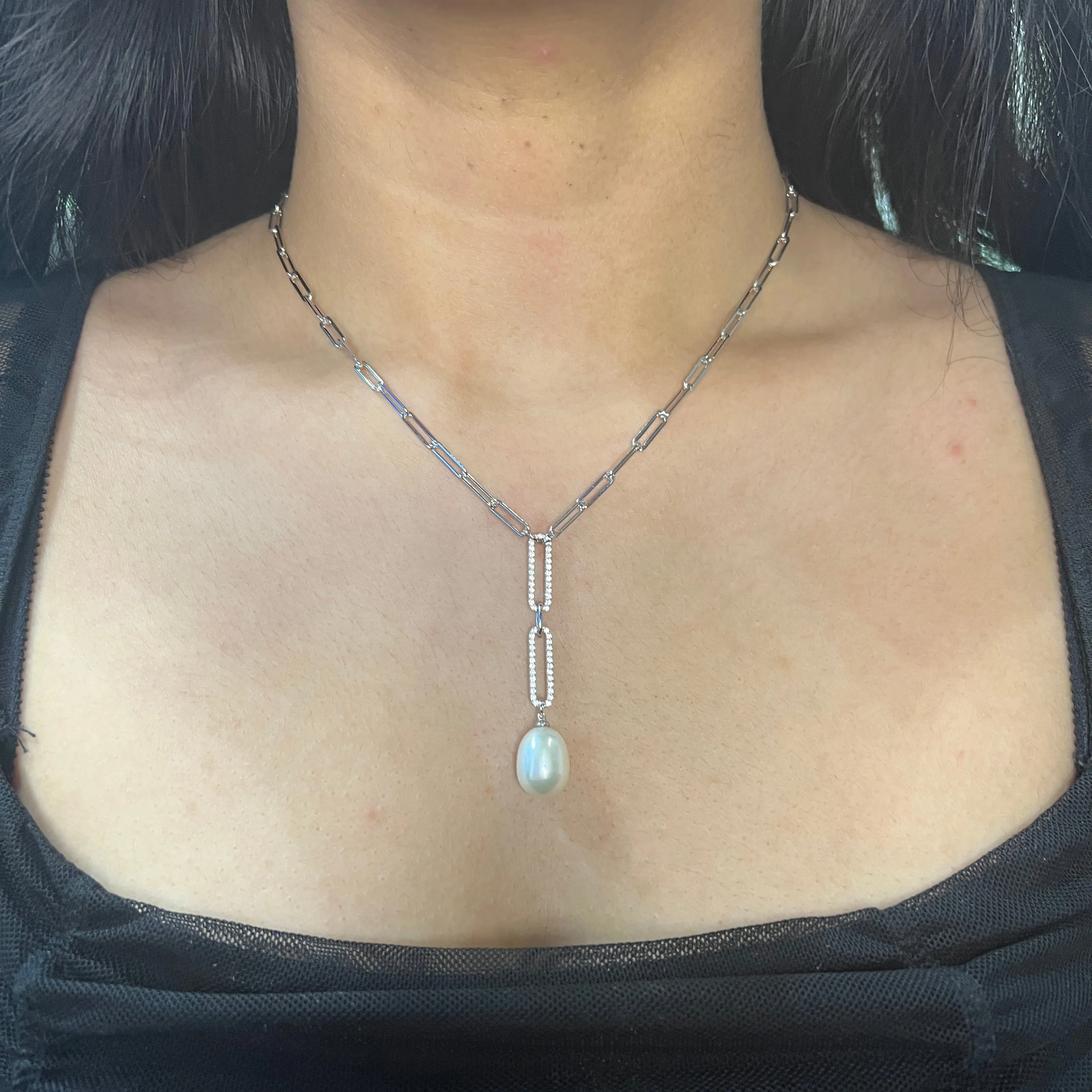 Lafonn Sterling Silver Platinum Plated  Simulated Diamonds Paperclip Cultured Pearl Necklace