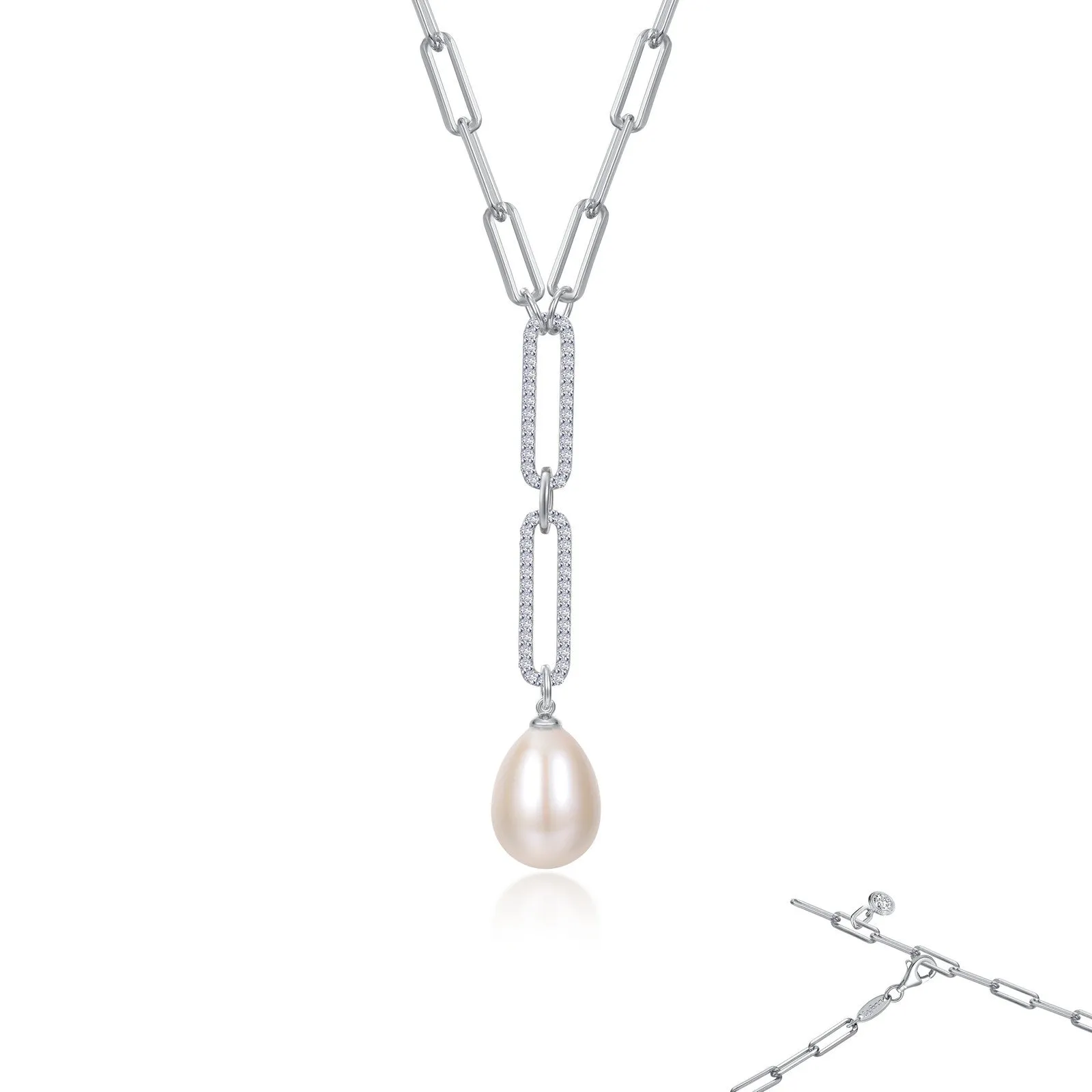Lafonn Sterling Silver Platinum Plated  Simulated Diamonds Paperclip Cultured Pearl Necklace