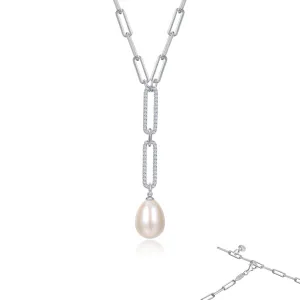 Lafonn Sterling Silver Platinum Plated  Simulated Diamonds Paperclip Cultured Pearl Necklace