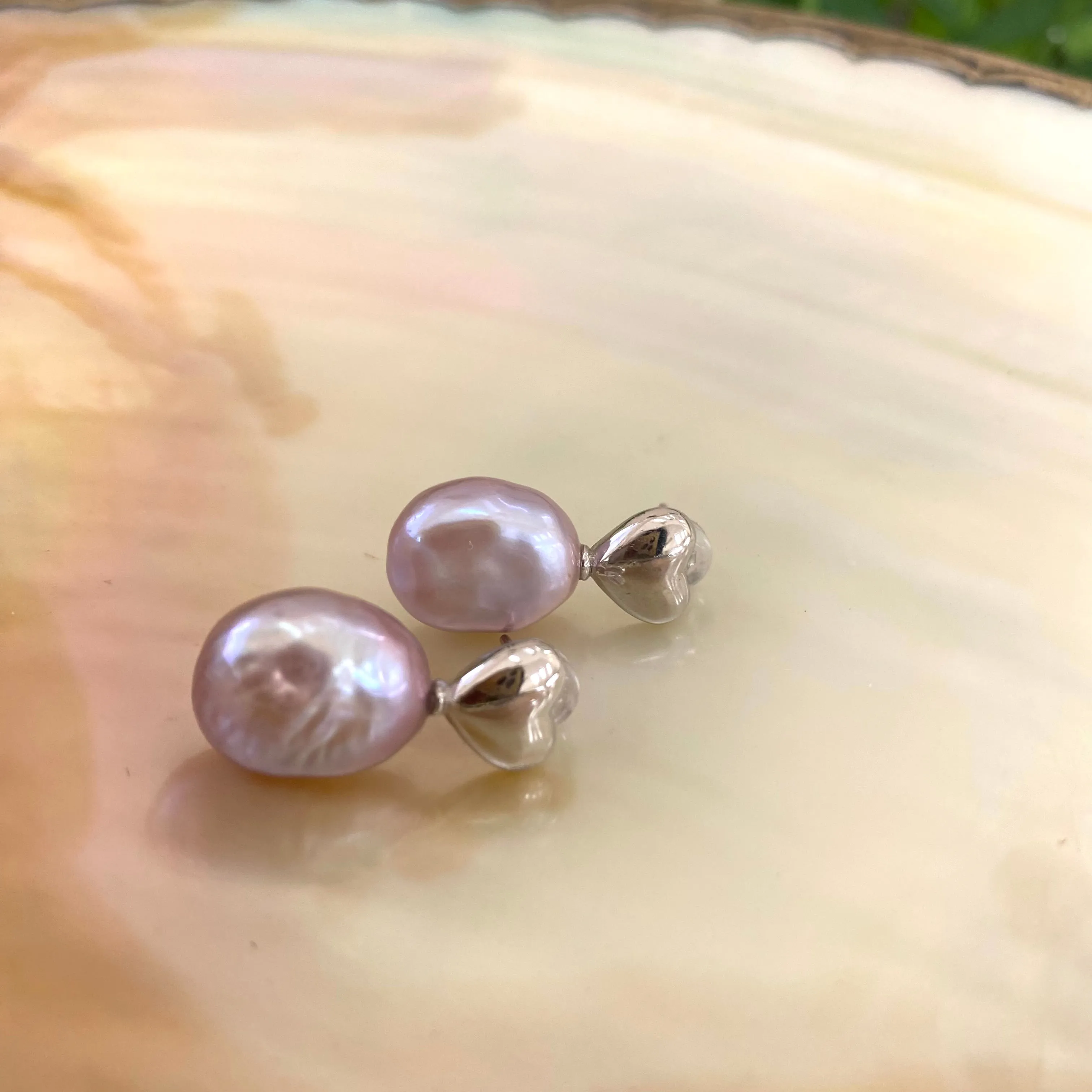 Lavender Pink Heart Pearl Stud Earrings, Gold or Silver
