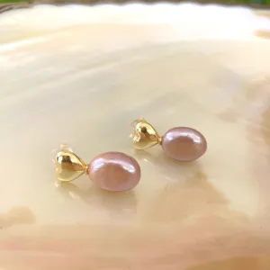 Lavender Pink Heart Pearl Stud Earrings, Gold or Silver