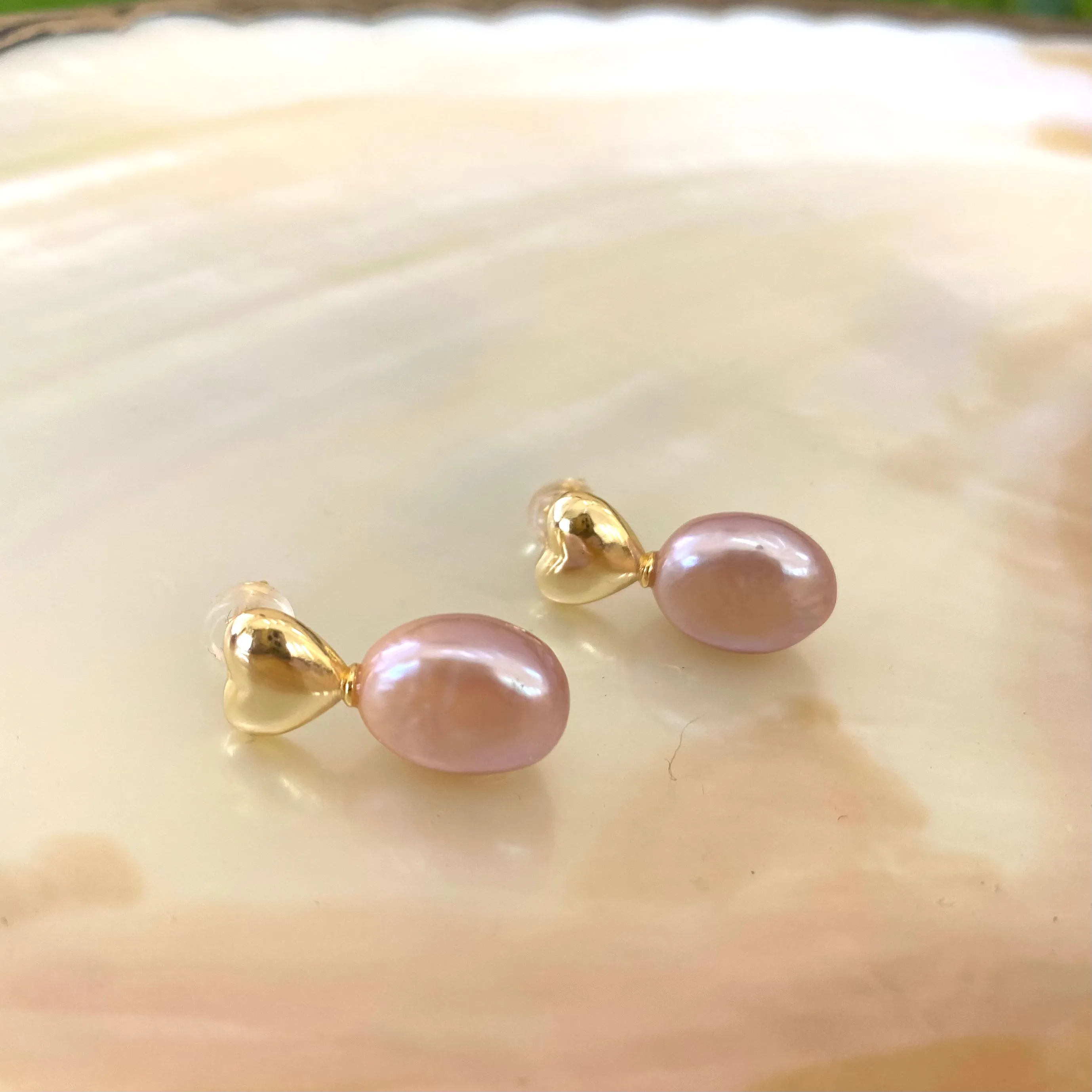 Lavender Pink Heart Pearl Stud Earrings, Gold or Silver
