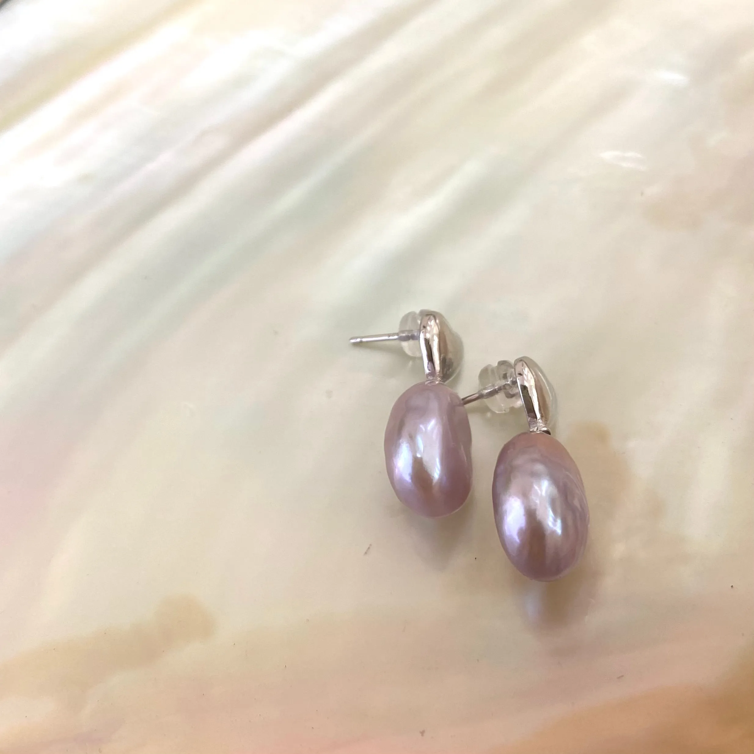 Lavender Pink Heart Pearl Stud Earrings, Gold or Silver
