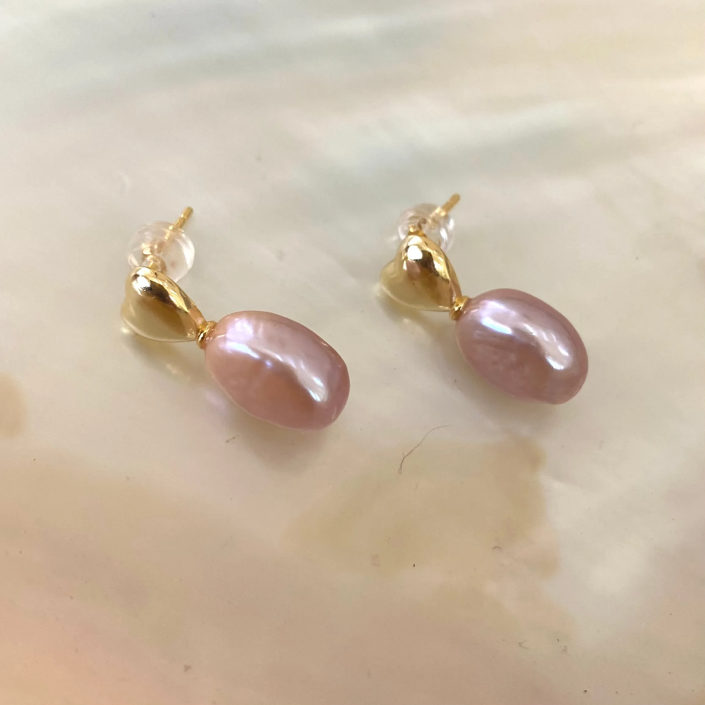 Lavender Pink Heart Pearl Stud Earrings, Gold or Silver