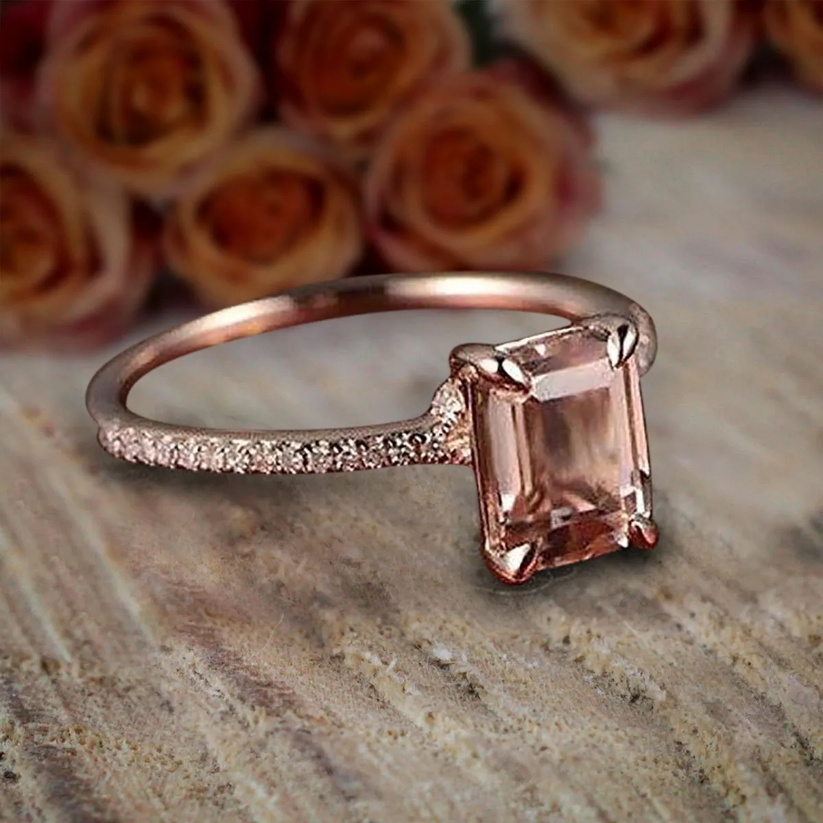 Limited Time Sale: 1.25 Carat Emerald Cut Morganite And Moissanite Diamond Engagement Ring With 18k Gold Plating