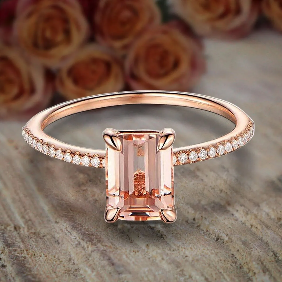 Limited Time Sale: 1.25 Carat Emerald Cut Morganite And Moissanite Diamond Engagement Ring With 18k Gold Plating