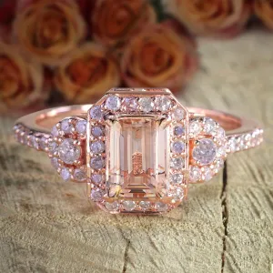 Limited Time Sale 1.25 Carat Morganite Emerald Cut Diamond Moissanite Engagement Ring 10k Rose Gold