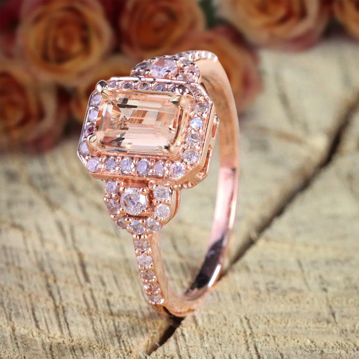 Limited Time Sale 1.25 Carat Morganite Emerald Cut Diamond Moissanite Engagement Ring 10k Rose Gold