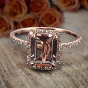 Limited Time Sale: 1.50 Carat Peach Pink Emerald Cut Morganite And Diamond Moissanite Engagement Ring With 18k Gold Plating