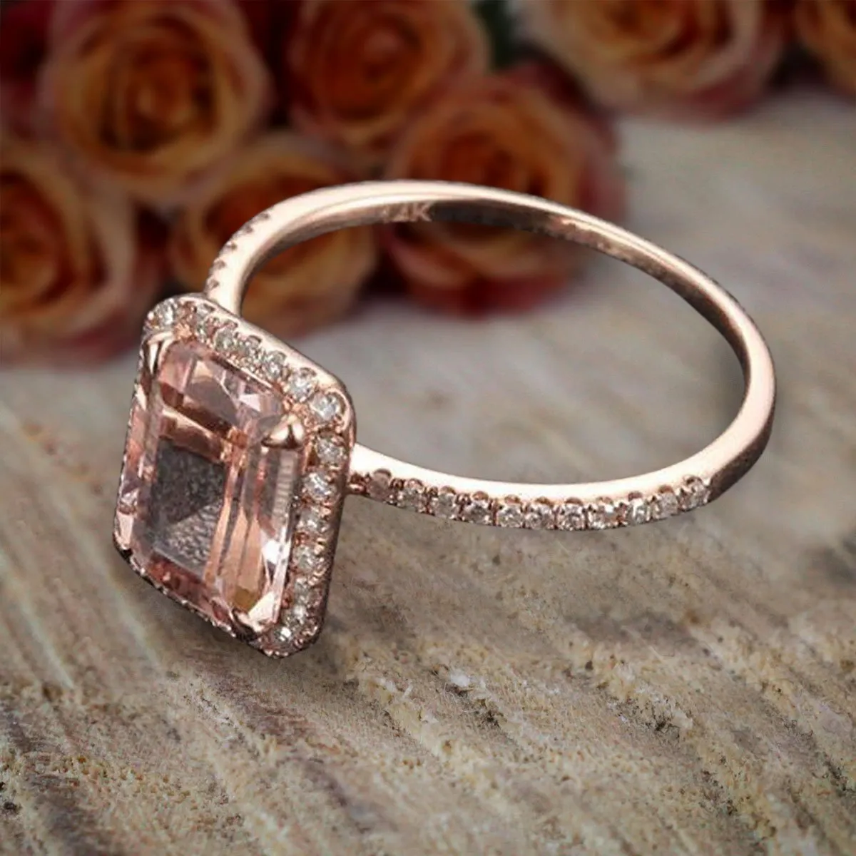 Limited Time Sale: 1.50 Carat Peach Pink Emerald Cut Morganite And Diamond Moissanite Engagement Ring With 18k Gold Plating