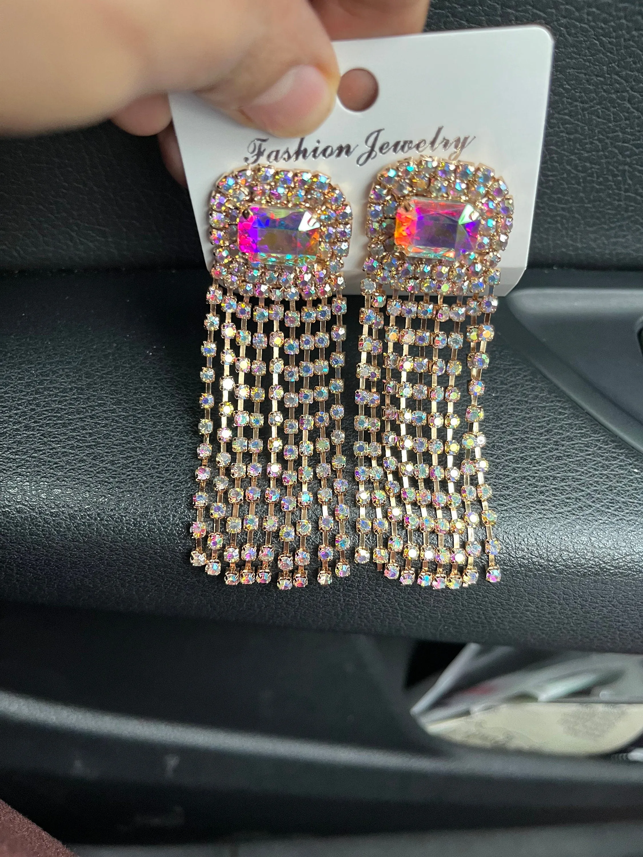 Long Aurora borealis earrings , gold iridescent earrings , big rainbow earrings , big gold earrings , clear rhinestone earrings , crystal