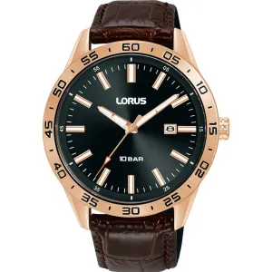 lorus quartz gents rose gold black dial strap watch
